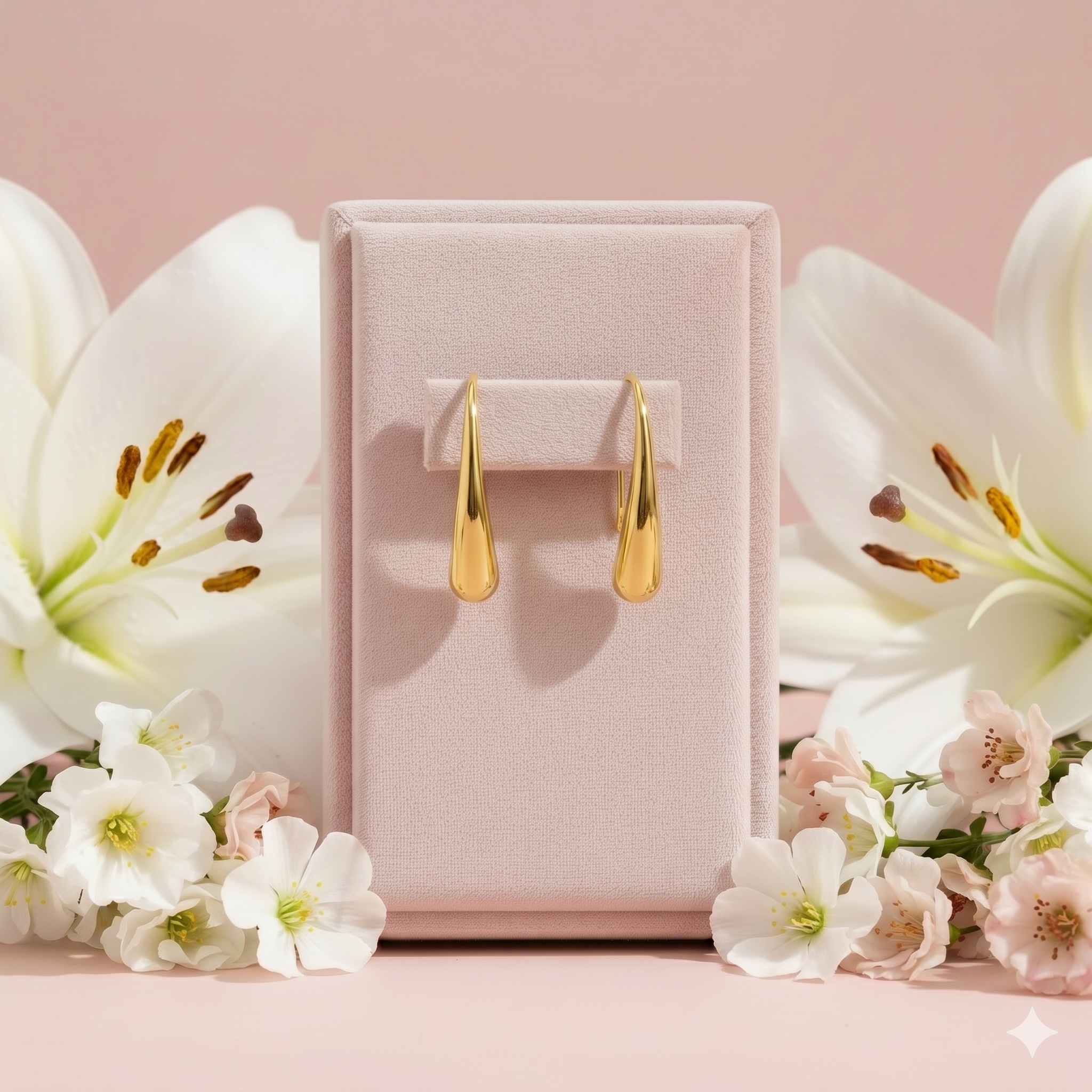 Gold earrings in a pink jewelry box with white lilies and pink flowers on a pink background