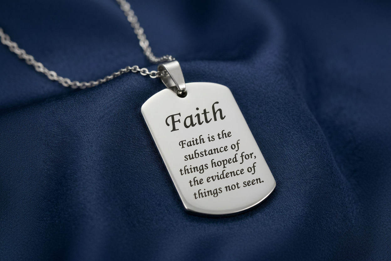 Silver dog tag necklace with 'Faith' pendant on a blue fabric background