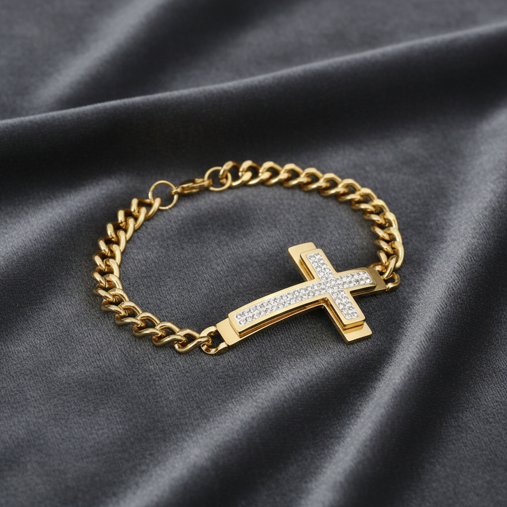 Gold chain bracelet with a cross pendant on a dark grey cloth background