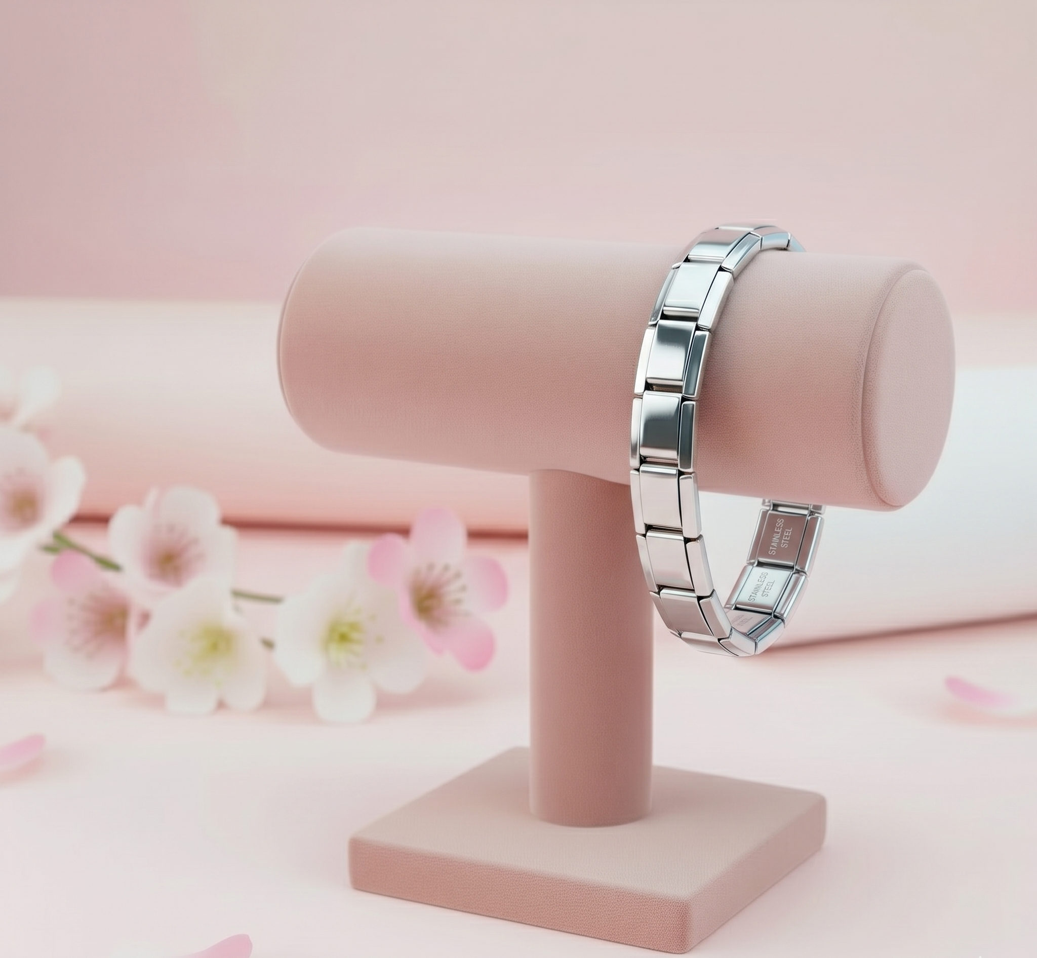 Silver bracelet on a pink stand with a soft floral background