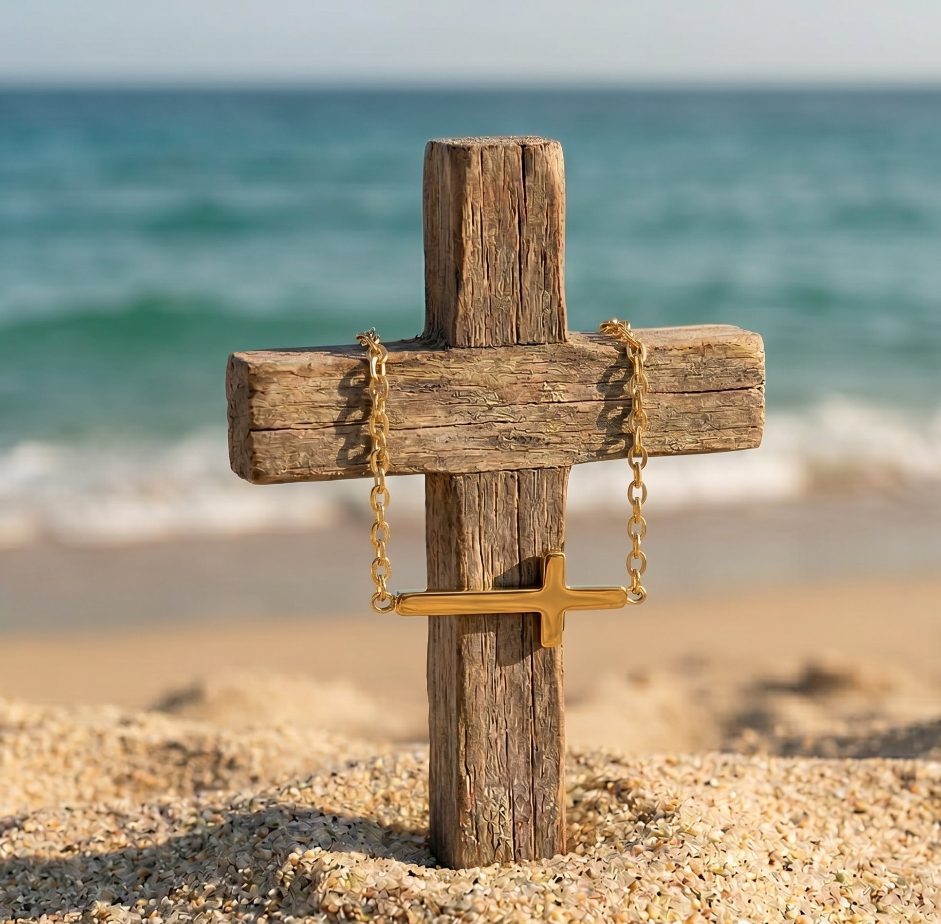 Wooden cross with a gold chain on a sandy beach with ocean in the background