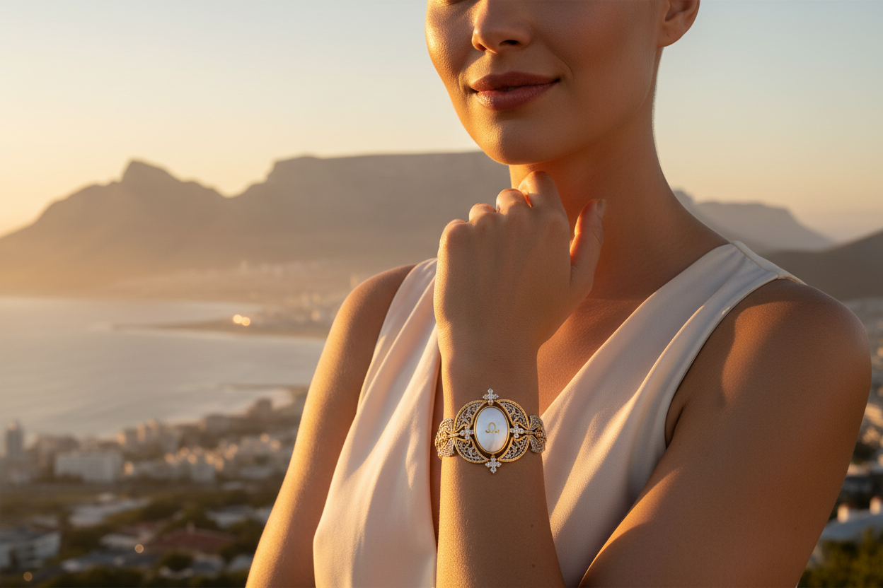 woman with white dress, bracelet charm ,  table mountain background