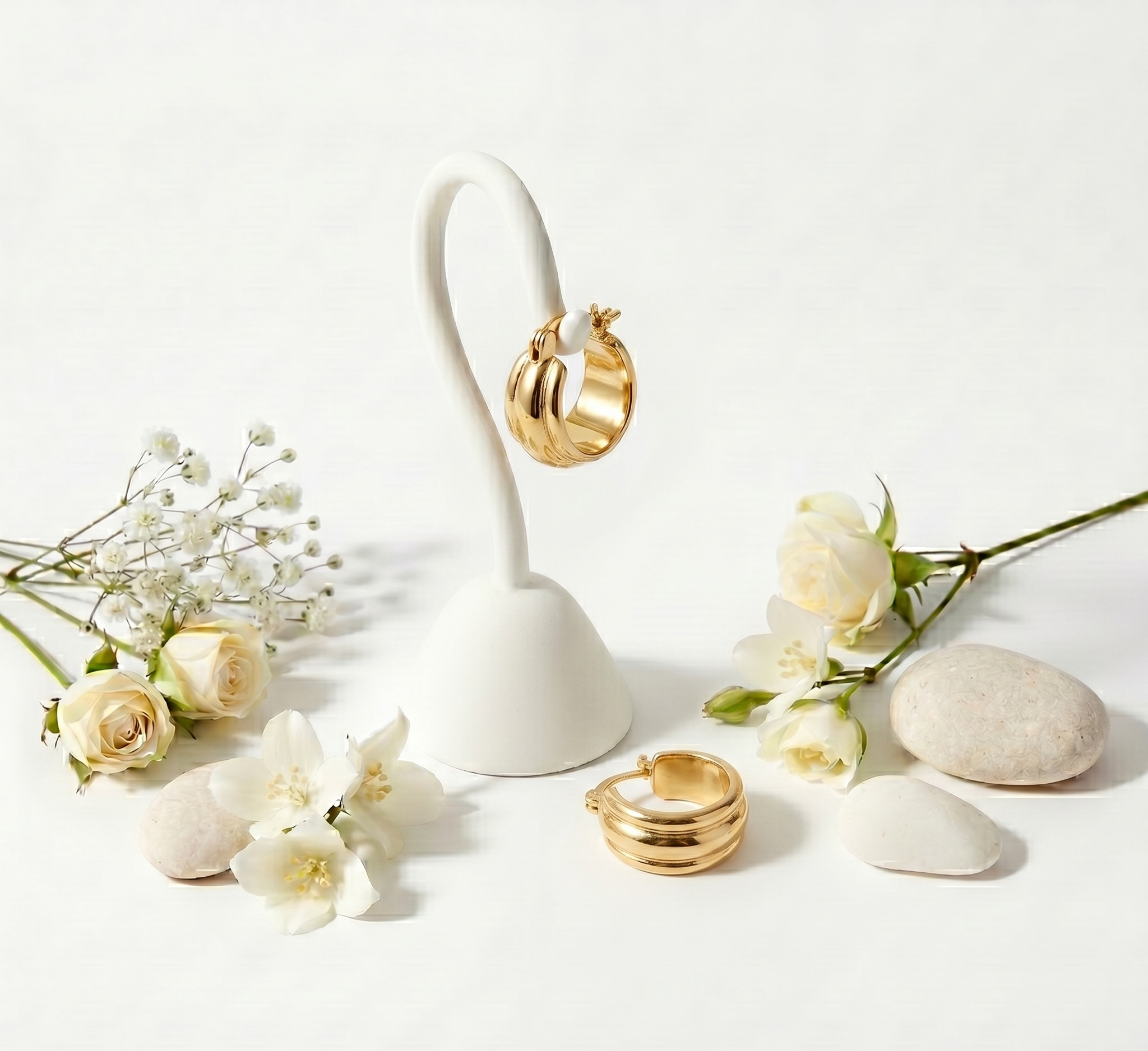 Gold hoop earrings on a white stand with flowers on a light background