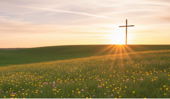 Cross on a hill with a sunset over a field of flowers