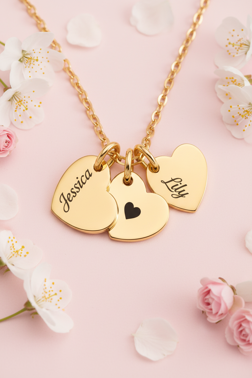 Gold necklace with heart-shaped charms engraved with names on a white background