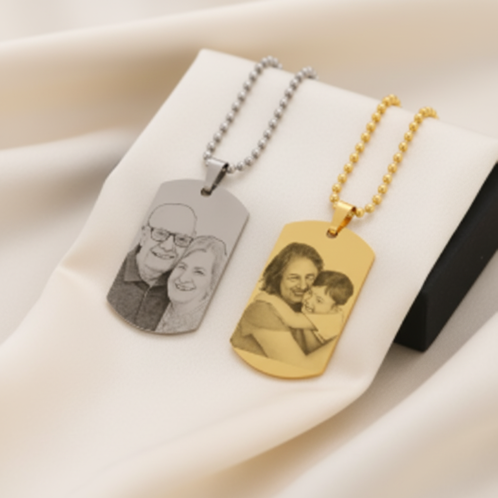 Gold and silver dog tag necklaces with photo engraving in gift box