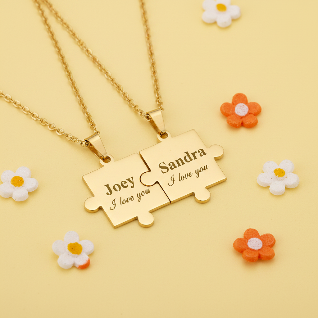 Gold engravable puzzle piece couple necklace set on white background