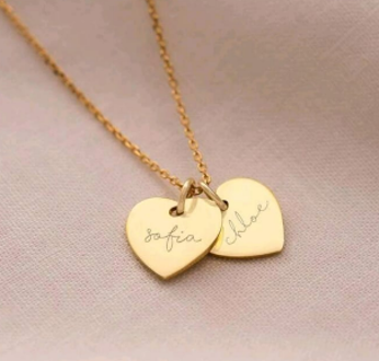 Gold double heart necklace engraved with names