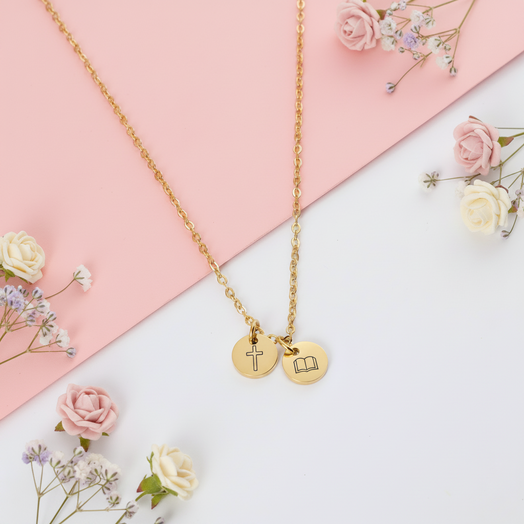 Gold double disc necklace on pink and white background