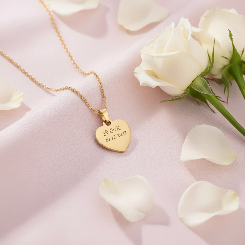 Gold engravable heart pendant necklace on white background