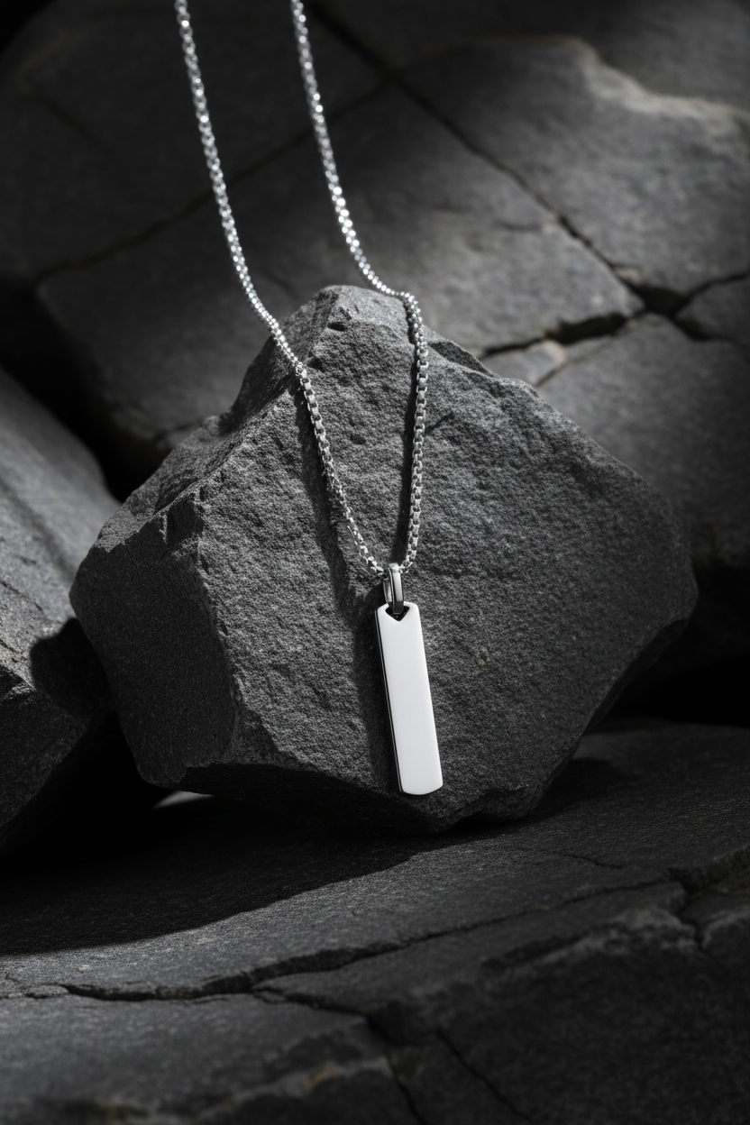 Silver necklace with a rectangular pendant on a textured black surface.