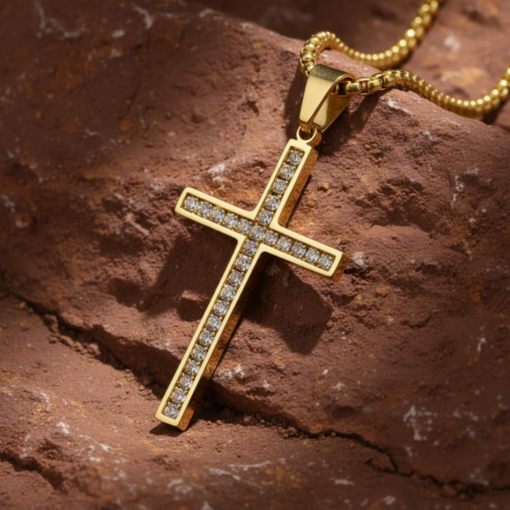 Gold cross pendant with clear stones on a dark surface