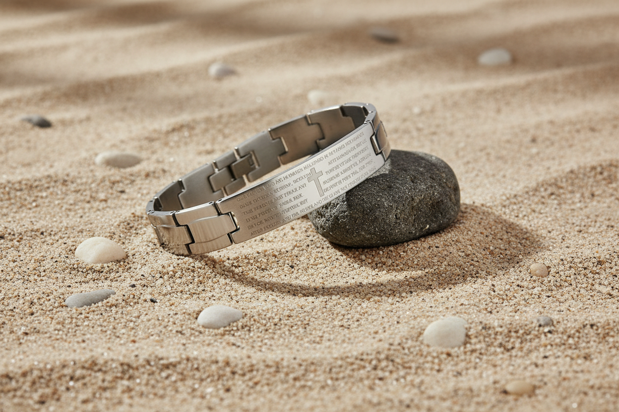 Metallic bracelet with engraved text and cross design on a rock, on sandy  background