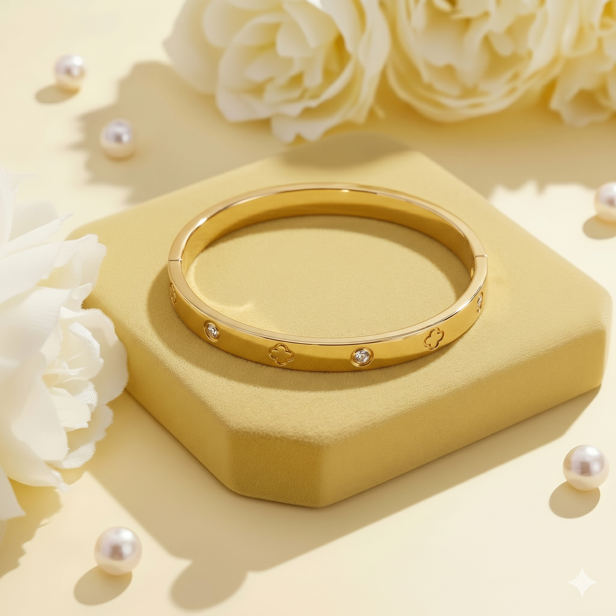 Gold bracelet with small diamonds on a yellow stand with white flowers and pearls.