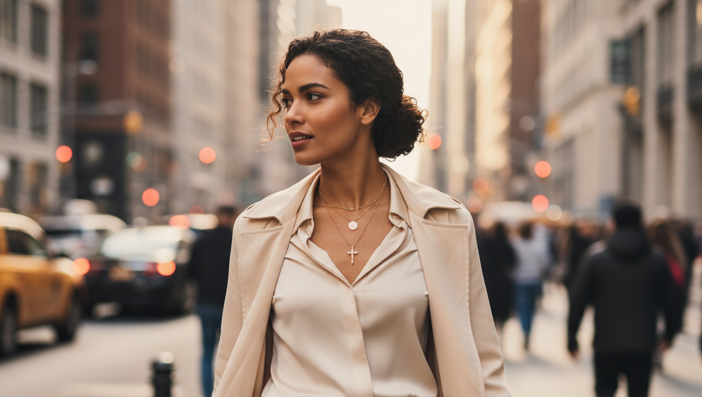 Woman in a beige coat walking down a city street with blurred background