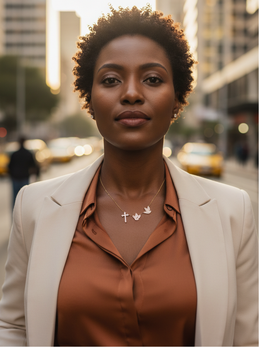 Woman in a beige blazer and brown shirt standing in an urban setting
